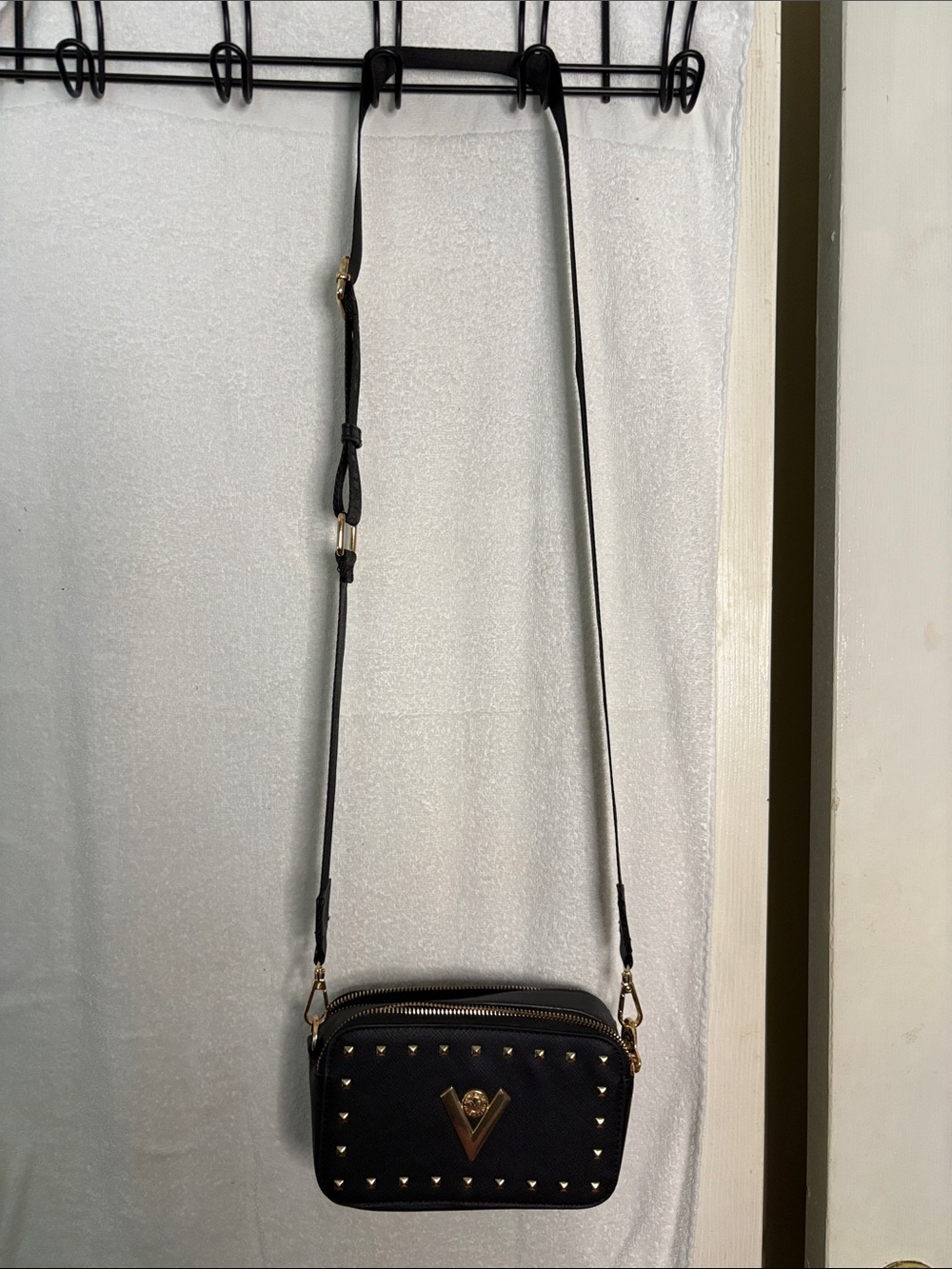 Valentino Orlandi Black Studded Crossbody with Gold V Emblem